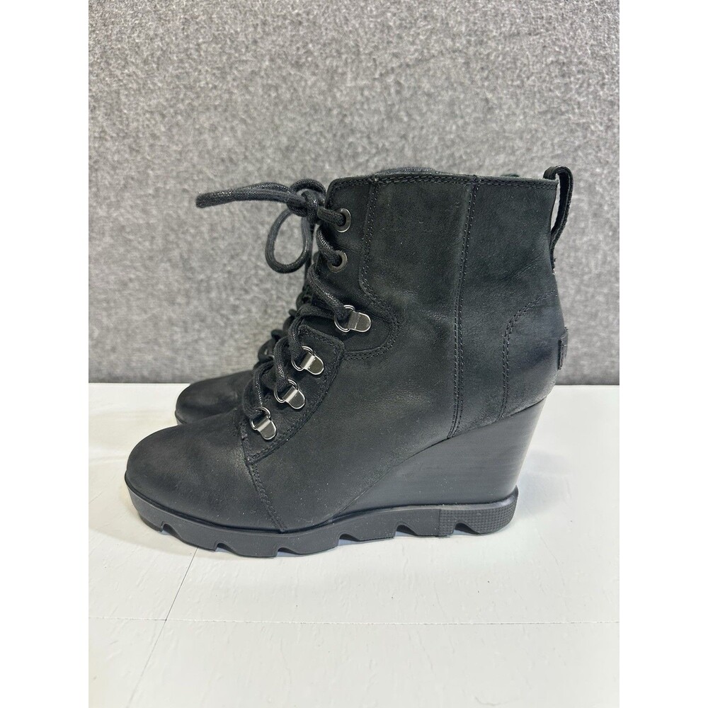 SOREL Joan Uptown Lace Womens Size 8.5 Black Leather Booties Wedge Heel Boots B6